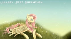 Size: 632x347 | Tagged: safe, artist:dream--chan, fluttershy, pegasus, pony, crossed hooves, dandelion, grass, lidded eyes, profile, prone, solo, spread wings, title, youtube thumbnail