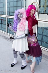 Size: 636x960 | Tagged: safe, artist:hikaxxxzuko, artist:snizabelle, pinkie pie, sweetie belle, sweetie bot, human, robot, friendship is witchcraft, anime expo, cosplay, gypsy pie, irl, irl human, photo, romani