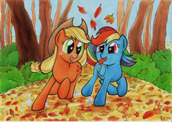 Size: 2000x1420 | Tagged: safe, artist:ecmonkey, derpibooru import, applejack, rainbow dash, earth pony, pegasus, pony, fall weather friends, running of the leaves, traditional art