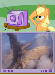 Size: 564x771 | Tagged: safe, applejack, earth pony, kaiju, pony, destroy all monsters, exploitable meme, godzilla, godzilla (series), gorosaurus, tv meme