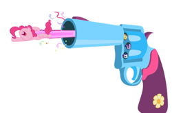 Size: 500x330 | Tagged: safe, artist:spikesmustache, applejack, pinkie pie, rarity, twilight sparkle, earth pony, pony, unicorn, gun, partillery, party hand cannon, pistol, revolver, simple background, vector, white background