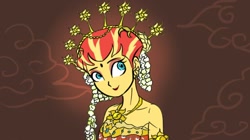 Size: 598x336 | Tagged: safe, artist:kul, sunset shimmer, equestria girls, alternate costumes, beautiful, clothes, cloud, dress, indonesia, jewelry, makeup, ornament, smiling, wedding dress