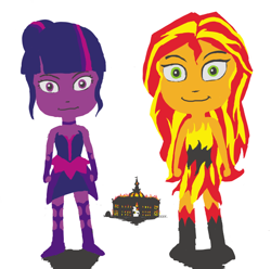 Size: 646x641 | Tagged: safe, artist:trixsun, midnight sparkle, sci-twi, sunset satan, sunset shimmer, twilight sparkle, demon, equestria girls, friendship games, alternate costumes, burning, canterlot high, earth is doomed, midnightsatan, xk-class end-of-the-world scenario