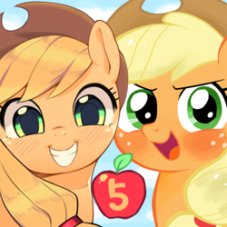 Size: 600x600 | Tagged: safe, artist:aruurara, artist:momo, applejack, earth pony, pony, 5, crossover, duality, obligatory apple, self ponidox, tumblr ponidox