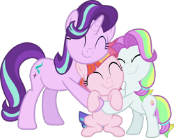 Size: 10220x8115 | Tagged: safe, artist:pink1ejack, coconut cream, starlight glimmer, toola roola, earth pony, pony, unicorn, fame and misfortune, :t, absurd resolution, c:, cheek squish, coconut cute, cute, daaaaaaaaaaaw, eyes closed, female, filly, hnnng, hug, mare, multicolored hair, roolabetes, simple background, smiling, squishy cheeks, transparent background, trio, trio female, vector, weapons-grade cute