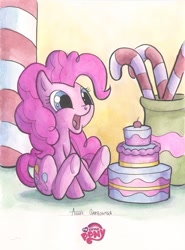 Size: 643x867 | Tagged: safe, artist:agnesgarbowska, pinkie pie, earth pony, pony, cake, candy, candy cane, food, solo