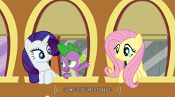 Size: 640x355 | Tagged: safe, screencap, fluttershy, rarity, spike, dragon, pegasus, pony, unicorn, a canterlot wedding, mlp-captions, youtube caption