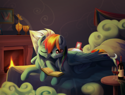 Size: 2840x2160 | Tagged: safe, artist:taneysha, derpibooru import, fleetfoot, rainbow dash, pegasus, pony, alcohol, bed, bedroom, book, commission, cuddling, cutie mark necklace, eyes closed, female, fireplace, fleetdash, glass, jewelry, lesbian, mare, necklace, prone, romantic, shipping, snuggling, trophy, wine, wine bottle, wine glass