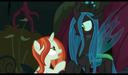 Size: 1024x600 | Tagged: safe, artist:emeriss96, edit, edited screencap, screencap, crackle cosette, queen chrysalis, changeling, changeling queen, pony, unicorn, season 8, the mean 6, spoiler:s08, disguised changeling, everfree forest, female, tree