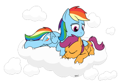 Size: 2170x1501 | Tagged: safe, artist:rapidstrike, derpibooru import, rainbow dash, scootaloo, pegasus, pony, cloud, female, filly, mare, prone, requested art, scootalove, simple background, sleeping, smiling, transparent background