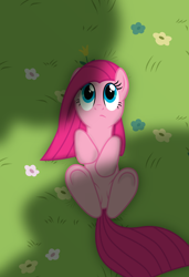 Size: 4920x7180 | Tagged: safe, artist:spectty, pinkie pie, earth pony, pony, absurd resolution, alternate hairstyle, grass, on back, outdoors, pinkamena diane pie, solo