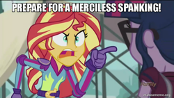 Size: 800x450 | Tagged: safe, edit, edited screencap, screencap, sci-twi, sunset shimmer, twilight sparkle, equestria girls, friendship games, caption, image macro, imminent spanking, meme, sunset yells at twilight