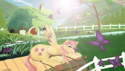 Size: 1600x900 | Tagged: safe, artist:auroriia, fluttershy, butterfly, pegasus, pony, cottage, solo