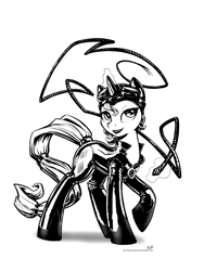 Size: 1500x2000 | Tagged: safe, artist:kp-shadowsquirrel, rarity, pony, unicorn, catsuit, catwoman, clothes, costume, latex, lipstick, magic, monochrome, solo, whip