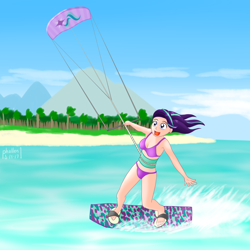 Size: 2000x2000 | Tagged: safe, artist:phallen1, starlight glimmer, human, atg 2017, beach, bikini, clothes, cute, glimmerbetes, happy, humanized, kite, kite flying, kiteboarding, newbie artist training grounds, solo, surfing, swimsuit, that pony sure does love kites