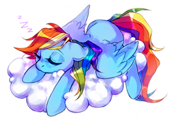 Size: 836x590 | Tagged: safe, artist:frgtmenot_mind, derpibooru import, rainbow dash, pegasus, pony, cloud, cute, dashabetes, eyes closed, female, lying down, mare, simple background, sleeping, solo, white background, zzz