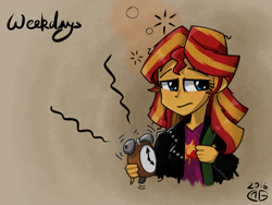 Size: 2048x1536 | Tagged: safe, artist:qzygugu, sunset shimmer, equestria girls, alarm clock, morning ponies, solo, unamused