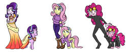 Size: 1284x526 | Tagged: safe, artist:patwhit01, fluttershy, pinkie pie, starlight glimmer, earth pony, pegasus, pony, unicorn, equestria girls, catsuit, clothes, dress, human ponidox, pinkie spy, self ponidox, simple background, white background