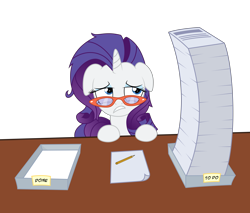 Size: 8500x7231 | Tagged: safe, artist:agamnentzar, artist:glitchking123, rarity, pony, unicorn, absurd resolution, floppy ears, frown, glasses, gritted teeth, messy mane, paper, pencil, pile, solo, table, tired, work