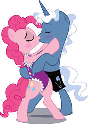 Size: 3623x5048 | Tagged: safe, artist:benybing, pinkie pie, pokey pierce, earth pony, pony, blushing, clothes, female, frilled swimsuit, hug, kissing, male, one-piece swimsuit, pokeypie, shipping, straight, swimming trunks, swimsuit