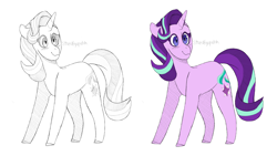 Size: 2560x1440 | Tagged: safe, artist:sttufedeyepatch, starlight glimmer, pony, unicorn, colored, simple background, sketch, smiling, solo, white background