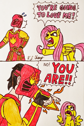 Size: 659x986 | Tagged: safe, artist:stealthninja5, fluttershy, human, bionicle, comic, crossover, flutterrage, funny, lego, no u, no you, tahu, traditional art