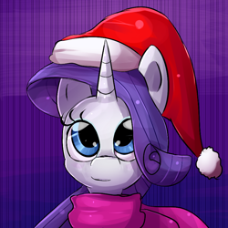 Size: 800x800 | Tagged: safe, artist:senx, rarity, pony, unicorn, christmas, clothes, hat, santa hat, scarf, solo