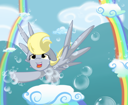 Size: 1700x1400 | Tagged: safe, artist:lilliesinthegarden, derpy hooves, pegasus, pony, rainbow falls, bubble, cloud, cloudy, crying, cute, female, floppy ears, flying, mare, open mouth, rainbow, sky, smiling, solo, spread wings