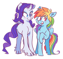 Size: 596x561 | Tagged: source needed, safe, artist:xenon, derpibooru import, rainbow dash, rarity, classical unicorn, pegasus, pony, unicorn, blushing, cheek fluff, cloven hooves, curved horn, duo, female, leonine tail, lesbian, looking away, mare, open mouth, raised hoof, raridash, shipping, simple background, smiling, unshorn fetlocks, white background