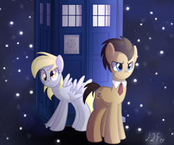 Size: 2100x1750 | Tagged: safe, artist:drawntildawn, derpy hooves, doctor whooves, pegasus, pony, crossover, female, mare, tardis