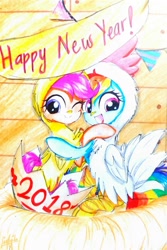 Size: 1831x2735 | Tagged: safe, artist:liaaqila, derpibooru import, rainbow dash, scootaloo, pegasus, pony, animal costume, chicken suit, clothes, costume, cute, cutealoo, dashabetes, female, happy new year, happy new year 2018, henbow dash, holiday, hug, liaaqila is trying to murder us, looking at you, mare, one eye closed, open mouth, scootachicken, scootalove, smiling, traditional art, wink