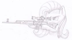 Size: 1489x833 | Tagged: safe, artist:suplolnope, fluttershy, pegasus, pony, female, flutterbadass, gun, hooves, mare, monochrome, one eye closed, optical sight, rifle, scope, sketch, sniper rifle, snipershy, sniperskya vintovka dragunova, solo, traditional art, weapon, wings