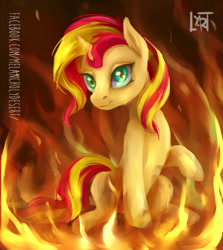 Size: 900x1011 | Tagged: safe, artist:lya, sunset shimmer, pony, unicorn, colored, digital art, fiery shimmer, fire, smiling, solo