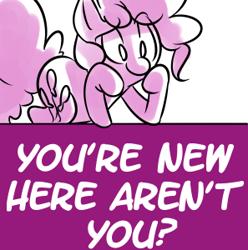 Size: 297x300 | Tagged: safe, artist:fauxsquared, pinkie pie, earth pony, pony, image macro, solo, text, you must be new here