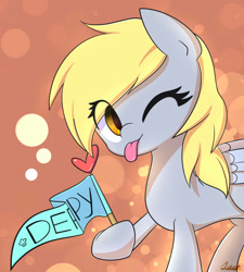 Size: 2300x2550 | Tagged: safe, artist:joyfulinsanity, derpy hooves, pegasus, pony, rainbow falls, :p, cute, derpabetes, female, heart, looking at you, mare, smiling, solo, the grey one's glorious return, tongue out, wink