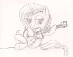 Size: 1584x1236 | Tagged: safe, artist:suplolnope, fluttershy, pegasus, pony, guitar, monochrome, sketch, solo