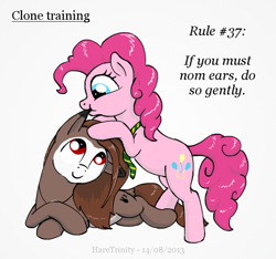 Size: 650x608 | Tagged: safe, artist:haretrinity, pinkie pie, oc, earth pony, pony, ear bite, pinkie clone