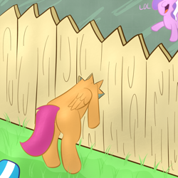 Size: 1000x1000 | Tagged: safe, artist:lamia, diamond tiara, scootaloo, dialogue, fail, fence, funny, lol, scootacrash, stuck