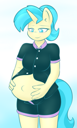 Size: 1465x2434 | Tagged: safe, artist:lamia, allie way, anthro, belly, belly button, big belly, clothes, pregnant, smiling, solo