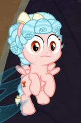 Size: 717x1089 | Tagged: safe, screencap, cozy glow, queen chrysalis, changeling, changeling queen, pegasus, pony, frenemies (episode), cozybetes, cropped, cute, floating, offscreen character, solo focus