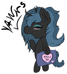 Size: 2304x2560 | Tagged: safe, artist:vixenin, queen chrysalis, changeling, changeling queen, bipedal, blushing, chibi, crown, cute, cutealis, ear fluff, eyes closed, female, filly, filly queen chrysalis, fluffy changeling, high res, jewelry, open mouth, pillow, profile, regalia, simple background, sleepy, solo, transparent background, xoxo, yawn, younger
