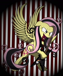 Size: 1976x2386 | Tagged: safe, alternate version, artist:friendshipismetal777, fluttershy, pegasus, pony, abstract background, electric guitar, emoshy, guitar, metal, metalhead, music, solo, striped background, tongue out