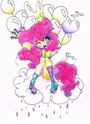 Size: 711x979 | Tagged: safe, artist:ados-e, pinkie pie, balloon, cloud, humanized, solo, tailed humanization, traditional art