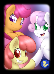 Size: 840x1140 | Tagged: safe, artist:lamia, apple bloom, scootaloo, sweetie belle, earth pony, pegasus, pony, unicorn, adorabloom, bow, cute, cutealoo, cutie mark crusaders, diasweetes, female, filly, hair bow, looking at you, misleading thumbnail, open mouth, smiling