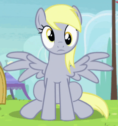 Size: 614x654 | Tagged: safe, screencap, derpy hooves, pegasus, pony, rainbow falls, animated, cropped, eyes closed, female, looking at you, mare, reaction gif, shrug, sitting, smiling, solo, spread wings