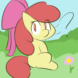 Size: 500x500 | Tagged: safe, artist:lamia, apple bloom, earth pony, pony, adorabloom, blank flank, cute, eye clipping through hair, female, filly, flower, looking at you, no pupils, question mark, sitting, solo