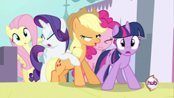 Size: 1920x1080 | Tagged: safe, screencap, applejack, fluttershy, pinkie pie, rarity, twilight sparkle, earth pony, pegasus, pony, unicorn, a canterlot wedding, bend over, hub logo, out of context