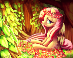 Size: 919x731 | Tagged: safe, artist:mewball, fluttershy, pegasus, pony, floral head wreath, flower, forest, glow, lonely, sad, sitting, solo