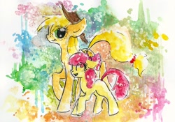 Size: 1647x1153 | Tagged: safe, artist:smartmeggie, apple bloom, applejack, earth pony, pony, female, mare, traditional art