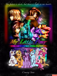 Size: 2160x2880 | Tagged: safe, artist:kindny-chan, artist:lupiarts, artist:robbieierubino, applejack, fluttershy, pinkie pie, queen chrysalis, rainbow dash, rarity, starlight glimmer, sunset shimmer, twilight sparkle, twilight sparkle (alicorn), oc, oc:danny williams, oc:molly brunner, oc:morgan brunner, alicorn, anthro, changeling, draconequus, earth pony, human, pegasus, pony, unguligrade anthro, unicorn, fanfic:my little pony: the unexpected future, alicornified, amputee, artificial wings, augmented, draconequified, flutterequus, graphic design, haircut, hook, hook hand, mane six, missing eye, mohawk, movie poster, nebula, one eyed, poster, princess starlight glimmer, prosthetic limb, prosthetic wing, prosthetics, queen sunset shimmer, race swap, retro, retrowave, scar, shimmercorn, space, species swap, starlicorn, stars, wings, wrench, xk-class end-of-the-world scenario